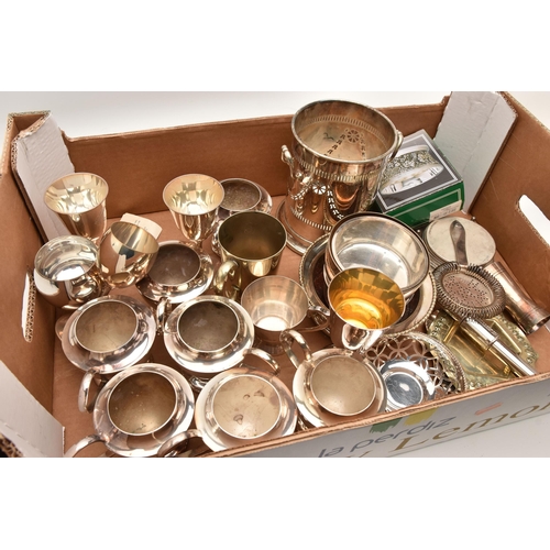 527 - A BOX OF ASSORTED WHITE METAL, to include goblets, coasters, a wine thermometer, coasters, bottle co... 