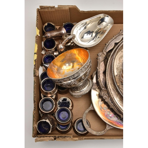 529 - A BOX OF ASSORTED WHITE METAL, to include a large selection of salts with blue glass inserts, a sauc... 