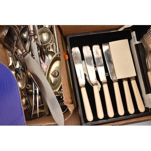 530 - A BOX OF ASSORTED CUTLERY, to include a cased set of coffee spoons, a cased set of fish eaters, knif... 