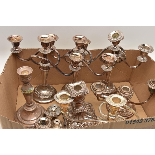 531 - A BOX OF ASSORTED CANDLE STICK HOLDERS, to include five three branch candelabras, two single candle ... 