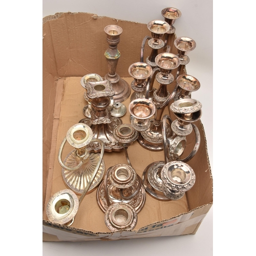 531 - A BOX OF ASSORTED CANDLE STICK HOLDERS, to include five three branch candelabras, two single candle ... 