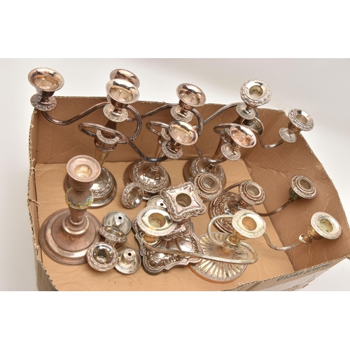 531 - A BOX OF ASSORTED CANDLE STICK HOLDERS, to include five three branch candelabras, two single candle ... 