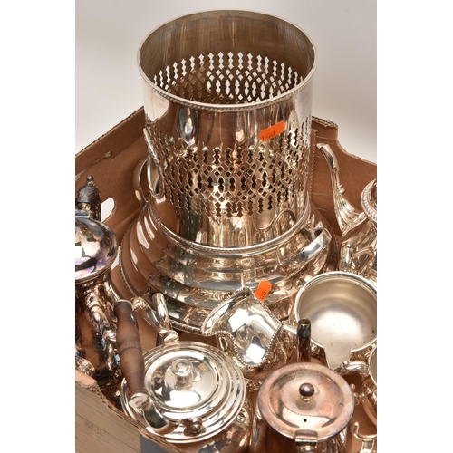 532 - A BOX OF ASSORTED WHITE METAL, to include a three piece tea set, two toast racks, a coffee pot, suga... 