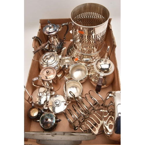 532 - A BOX OF ASSORTED WHITE METAL, to include a three piece tea set, two toast racks, a coffee pot, suga... 