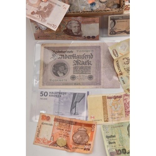 540 - A SMALL CARDBOARD BOX OF MIXED COINS AND WORLD BANKNOTES, to include 2x 10 Euro banknotes, other Tha... 