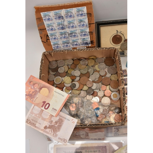 540 - A SMALL CARDBOARD BOX OF MIXED COINS AND WORLD BANKNOTES, to include 2x 10 Euro banknotes, other Tha... 