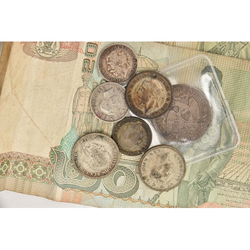 540 - A SMALL CARDBOARD BOX OF MIXED COINS AND WORLD BANKNOTES, to include 2x 10 Euro banknotes, other Tha... 