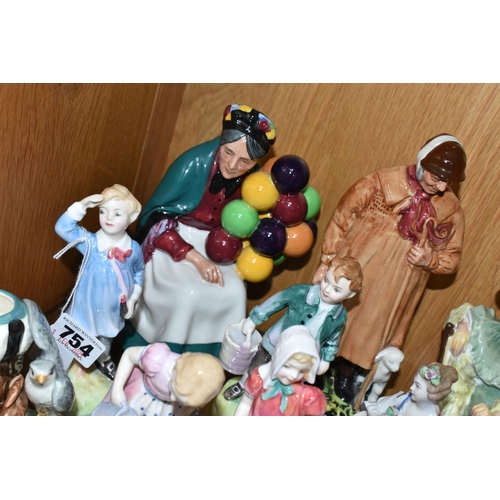 754 - A GROUP OF MOSTY ROYAL DOULTON FIGURINES AND ORNAMENTS to include the 'Old Balloon Seller' HN1315 (p... 