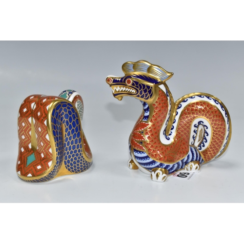 760 - A ROYAL CROWN DERBY IMARI 'DRAGON' AND 'SNAKE' PAPERWEIGHT comprising an Imari patterned dragon pape... 