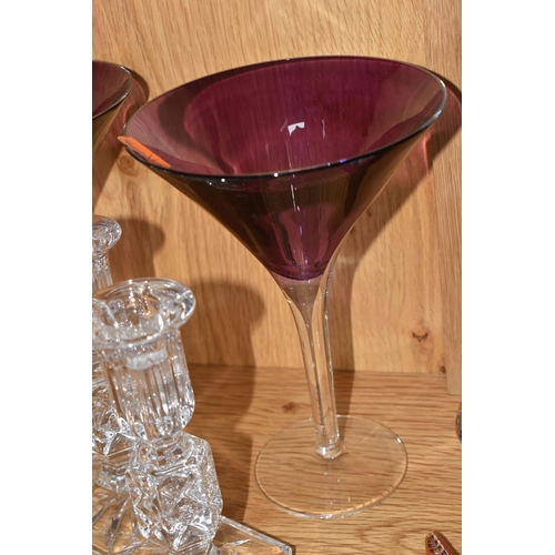 761 - A GROUP OF NINE CRYSTAL GLASS DECORATIVE ITEMS to include a pair of Waterford purple martini glasses... 