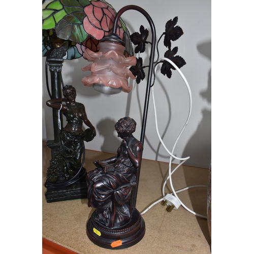 766 - TWO DECORATIVE TABLE LAMPS to include a Tiffany-style lamp with a figurative lamp base in the form o... 