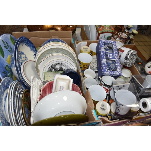 940 - FIVE BOXES AND LOOSE CERAMICS AND SUNDRY ITEMS, to include brewery advertising jugs, a trivet printe... 