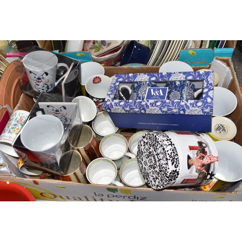 940 - FIVE BOXES AND LOOSE CERAMICS AND SUNDRY ITEMS, to include brewery advertising jugs, a trivet printe... 