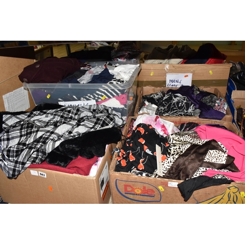 941 - SIX BOXES OF LADIES' CLOTHING, to include ladies' trousers, tops, jackets and dresses, brands to inc... 