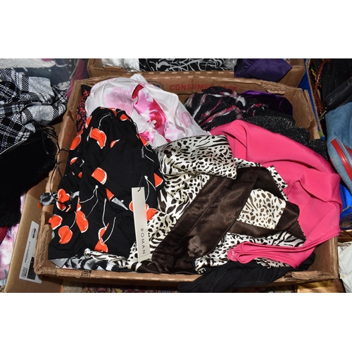 941 - SIX BOXES OF LADIES' CLOTHING, to include ladies' trousers, tops, jackets and dresses, brands to inc... 