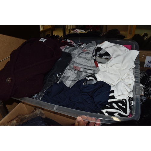 941 - SIX BOXES OF LADIES' CLOTHING, to include ladies' trousers, tops, jackets and dresses, brands to inc... 