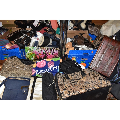 942 - SIX BOXES AND LOOSE BAGS AND SHOES, to include a quantity of largely unbranded handbags, holdalls, t... 