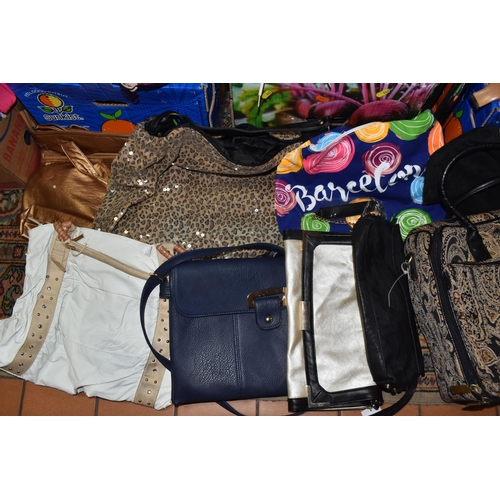 942 - SIX BOXES AND LOOSE BAGS AND SHOES, to include a quantity of largely unbranded handbags, holdalls, t... 