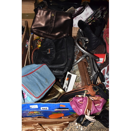 942 - SIX BOXES AND LOOSE BAGS AND SHOES, to include a quantity of largely unbranded handbags, holdalls, t... 