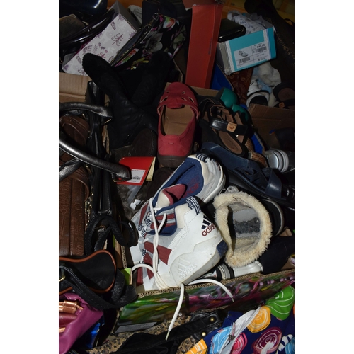 942 - SIX BOXES AND LOOSE BAGS AND SHOES, to include a quantity of largely unbranded handbags, holdalls, t... 