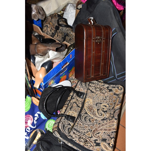 942 - SIX BOXES AND LOOSE BAGS AND SHOES, to include a quantity of largely unbranded handbags, holdalls, t... 