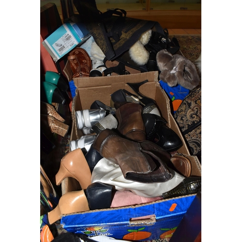 942 - SIX BOXES AND LOOSE BAGS AND SHOES, to include a quantity of largely unbranded handbags, holdalls, t... 