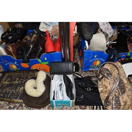 942 - SIX BOXES AND LOOSE BAGS AND SHOES, to include a quantity of largely unbranded handbags, holdalls, t... 