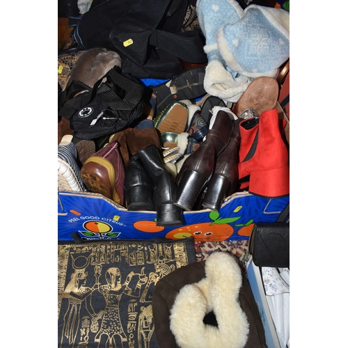 942 - SIX BOXES AND LOOSE BAGS AND SHOES, to include a quantity of largely unbranded handbags, holdalls, t... 