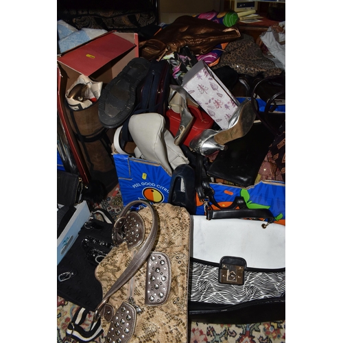 942 - SIX BOXES AND LOOSE BAGS AND SHOES, to include a quantity of largely unbranded handbags, holdalls, t... 