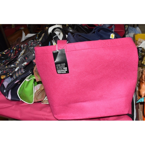 944 - ONE BOX AND LOOSE MODERN TRAVEL AND TOTE BAGS, maker's names include M&S, Jobis, Firetrap, Cavalli, ... 