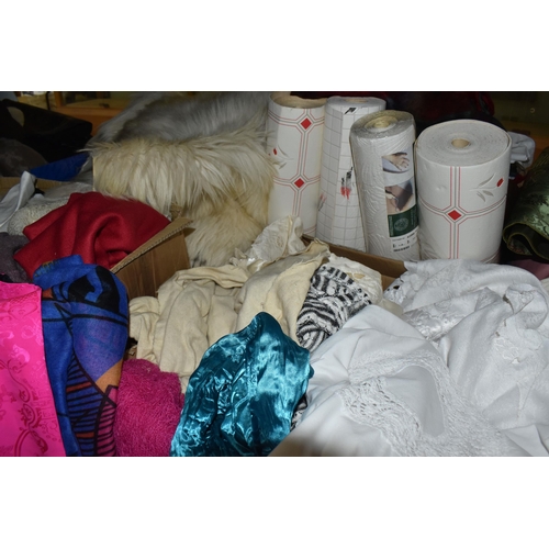 945 - FIVE BOXES AND LOOSE SCARVES, HOUSEHOLD LINENS, ETC, to include a quantity of assorted ladies' scarv... 