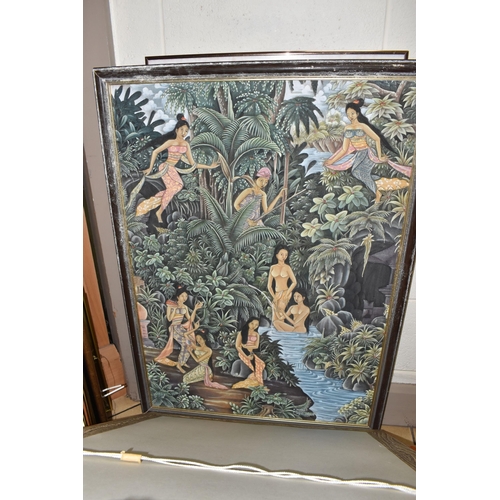 946 - A QUANTITY OF PICTURES AND PRINTS ETC, to include a Balinese painting on cloth depicting nude female... 