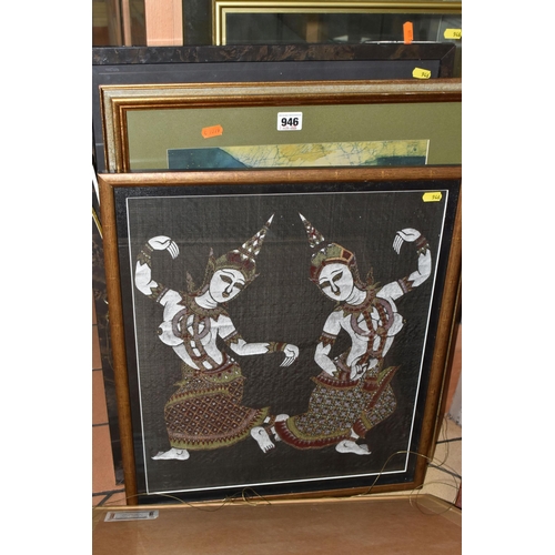 946 - A QUANTITY OF PICTURES AND PRINTS ETC, to include a Balinese painting on cloth depicting nude female... 