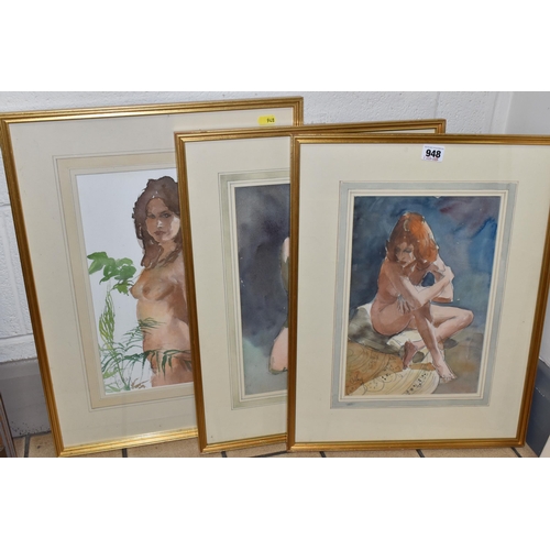 948 - OWEN RONALD OLLEY ( 1923-2017) THREE FEMALE FIGURE WATERCOLOUR STUDIES, comprising a nude kneeling f... 