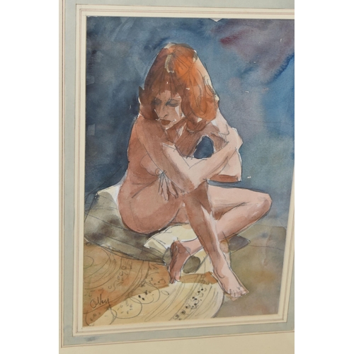 948 - OWEN RONALD OLLEY ( 1923-2017) THREE FEMALE FIGURE WATERCOLOUR STUDIES, comprising a nude kneeling f... 