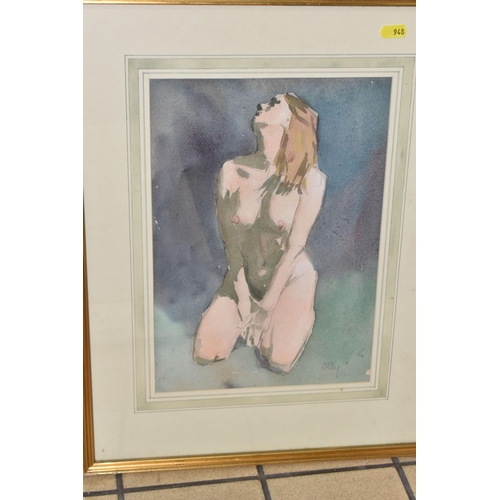 948 - OWEN RONALD OLLEY ( 1923-2017) THREE FEMALE FIGURE WATERCOLOUR STUDIES, comprising a nude kneeling f... 