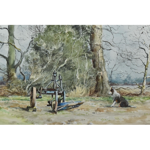 950 - CECIL J. THORNTON (BRITISH 1911-2001) LANDSCAPE WITH DOG, a dog and farm machinery are before trees ... 