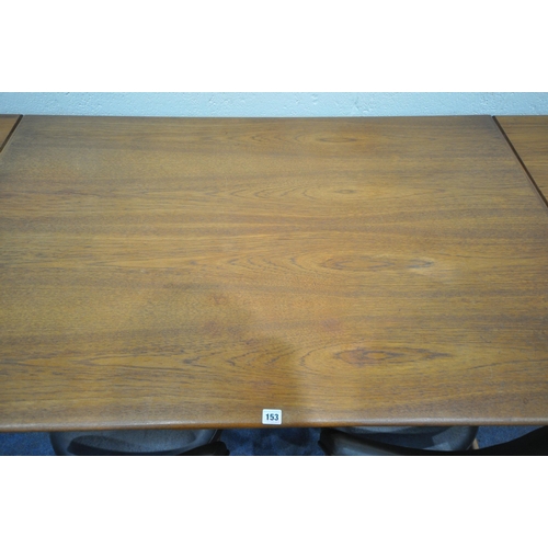 153 - A MID CENTURY TEAK DRAW LEAF DINING TABLE, raised on cylindrical tapered legs, extended length 250cm... 