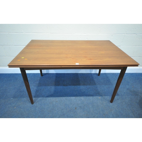 153 - A MID CENTURY TEAK DRAW LEAF DINING TABLE, raised on cylindrical tapered legs, extended length 250cm... 