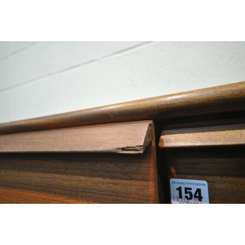 154 - POSSIBLY YOUNGER, A MID CENTURY TEAK SIDEBOARD, fitted with two drawers, over double sliding cupboar... 