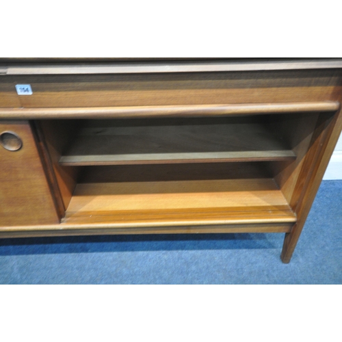 154 - POSSIBLY YOUNGER, A MID CENTURY TEAK SIDEBOARD, fitted with two drawers, over double sliding cupboar... 