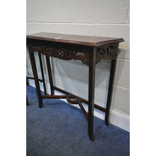 168 - A MAHOGANY SIDE TABLE, with pierced fretwork apron, width 82cm x depth 26cm, an occasional table, a ... 