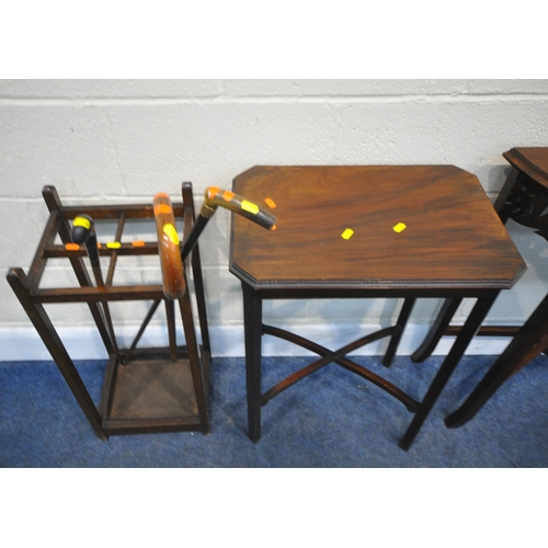 168 - A MAHOGANY SIDE TABLE, with pierced fretwork apron, width 82cm x depth 26cm, an occasional table, a ... 