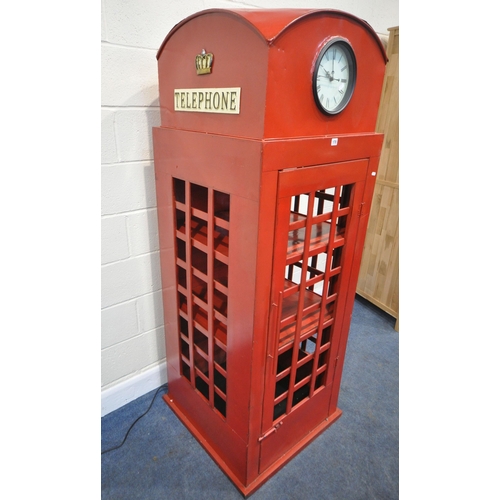 170 - A SCRATCH BUILT RED PAINTED METAL TELEPHONE BOX, the domed top with a clock to the front, the single... 