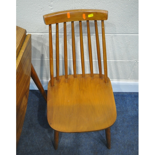 179 - A 20TH CENTURY DROP LEAF TABLE, diameter 111cm x width 64cm x height 75cm, along with a pair of spin... 