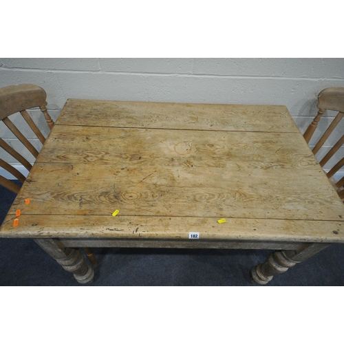 182 - A 19TH CENTURY PINE FARMHOUSE STYLE TABLE, with a single drawer to one end, raised on turned legs, w... 