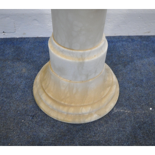 183 - AN ALABASTER CYLINDRICAL PLANT STAND, with a detachable square top, height 104cm, condition report: ... 