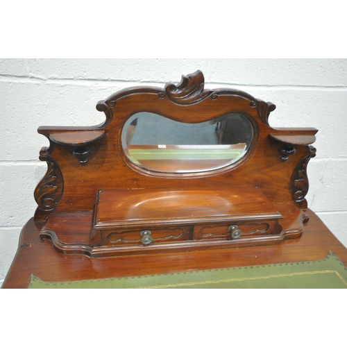 194 - A 20TH CENTURY HARDWOOD LADIES WRITING DESK , the raised back with a kidney shaped bevelled edge wal... 