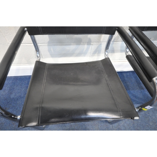 198 - A SET OF FOUR BLACK LEATHER DESK CHAIRS, with tubular metal cantilever frames, width 56cm x depth 62... 