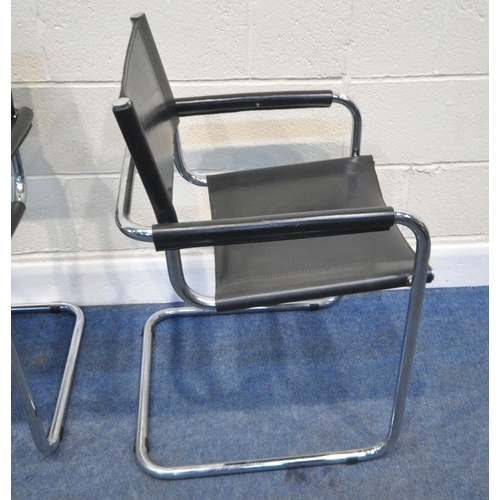 198 - A SET OF FOUR BLACK LEATHER DESK CHAIRS, with tubular metal cantilever frames, width 56cm x depth 62... 